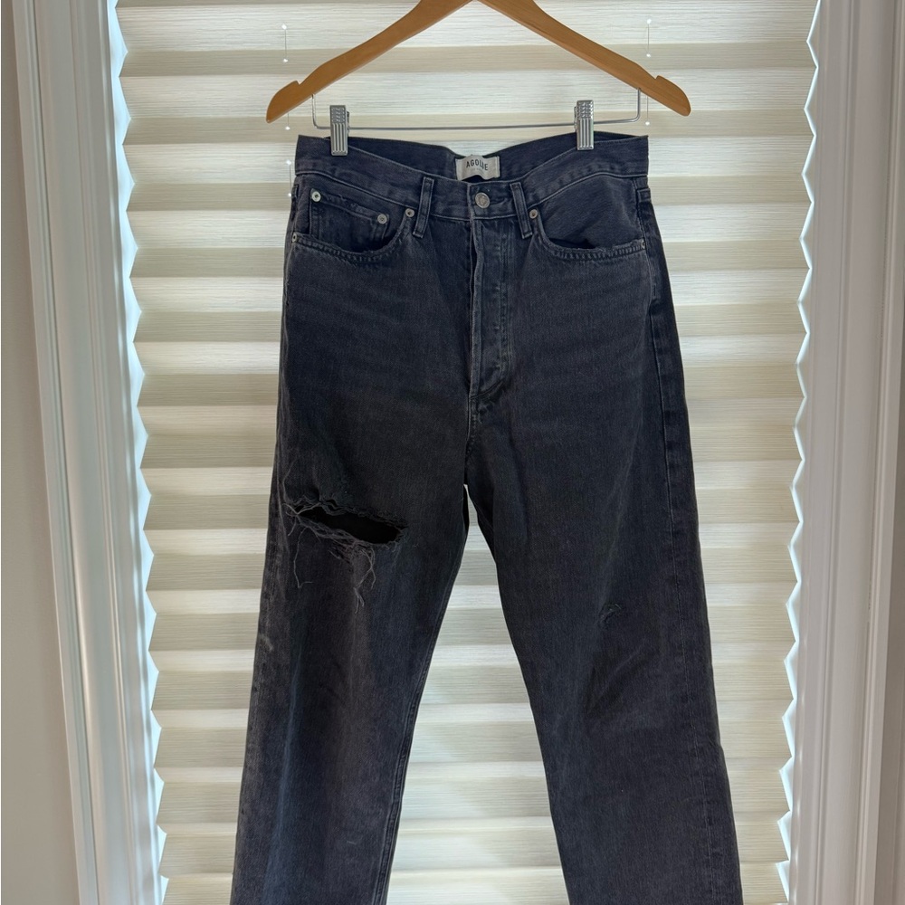 Agolde 90's Crop Shutter Black Jeans Size 27High Rise Distressed Button Fly